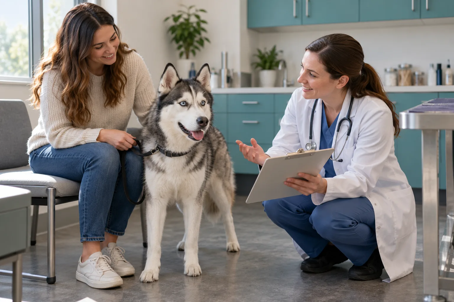 Gray-and-white Husky with its owner beside a veterinarian holding a clipboard